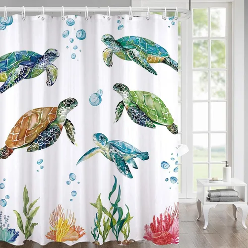 Vista 3 de Cortina de ducha de tortuga marina para baño, cortina decorativa costera de baño, 72 x 72 pulgadas, tela de poliéster, cortinas de baño impermeables