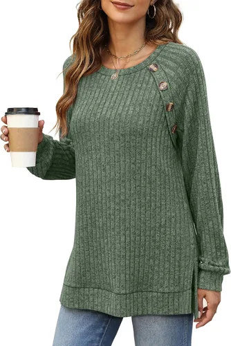 Vista 3 de Bofell Camisas de manga larga para mujer, cuello redondo, estilo casual, con botones, con abertura lateral