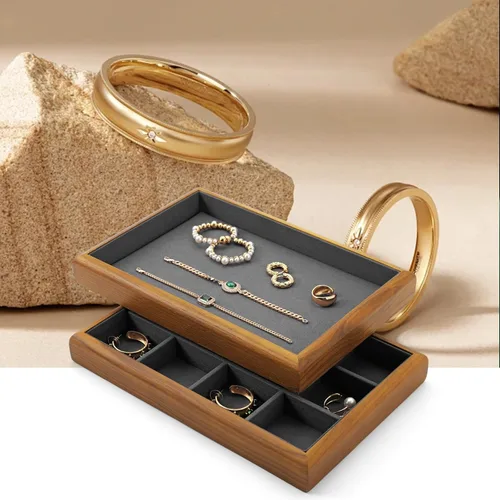 Vista 3 de Oirlv Bandeja Organizadora de Joyas Colgante de Madera Maciza de 12 Rejillas con Forro para Cajón de Joyas (Gris)