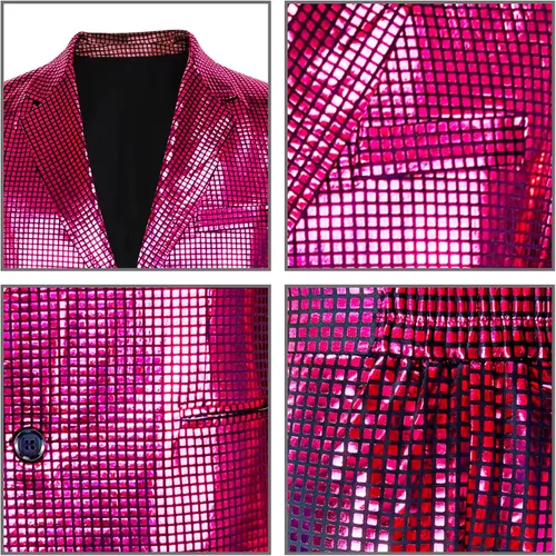 Vista 4 de Nawgut Conjunto de 2 piezas de blazer metálico con lentejuelas, traje brillante para boda, fiesta, banquete, chaqueta de moda, pantalón para hombre