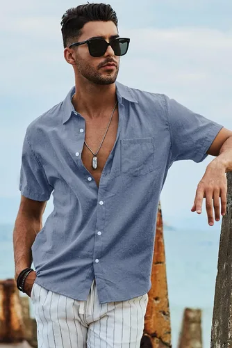 Vista 166 de JMIERR Camisas de vestir a rayas con botones y manga corta para hombre