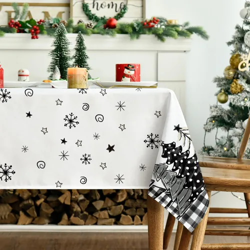 Vista 3 de Horaldaily Mantel de Navidad 52×70 Pulgadas Rectangular, Árboles de Navidad con Diseño de Búfalo a Cuadros Negro Lavable, Cubierta de Mesa