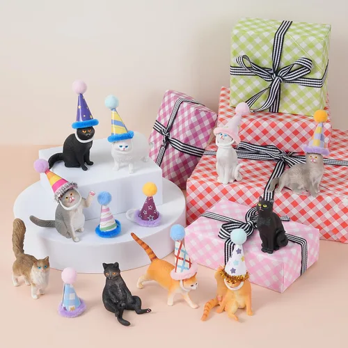 Vista 5 de 20 piezas de figuritas de gato en miniatura con kit de sombreros de cumpleaños, figuritas de gato pequeñas de resina, decoraciones para pasteles
