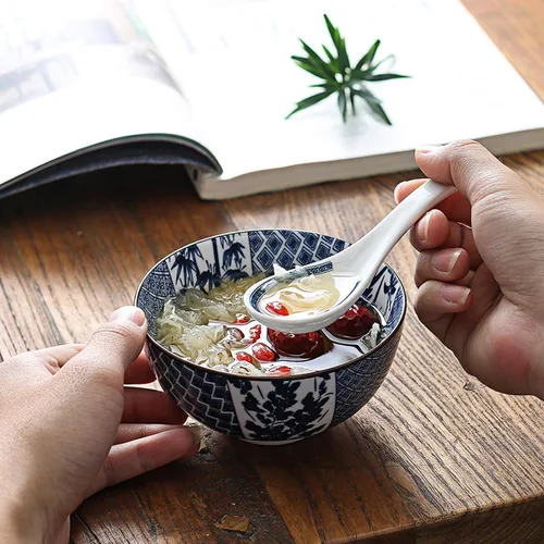 Vista 7 de Gegong Paquete de 6 cuencos de cerámica, cuencos de arroz de estilo japonés, cuencos de porcelana azul y blanca de 10 onzas, cuencos de cereales