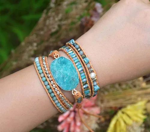 Vista 121 de ZOSOJONA - Pulseras bohemias hechas a mano de piedra natural, que dan vuelta, con cuentas de cristal de turquesa