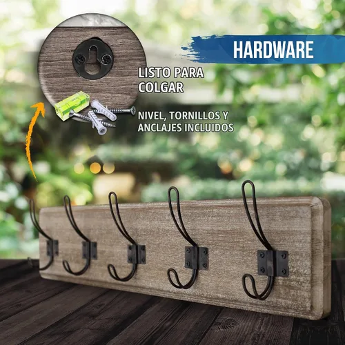 Vista 3 de HBCY Creations Perchero de pared rústico envejecido con 5 ganchos, ganchos de pared de pino macizo de 24 pulgadas para entrada, cuarto de servicio