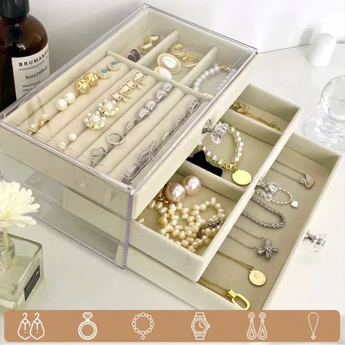 Vista 6 de EYUSEVS Organizador de joyas acrílico a prueba de polvo, caja de joyería transparente, caja de joyería con tres delicados cajones de terciopelo