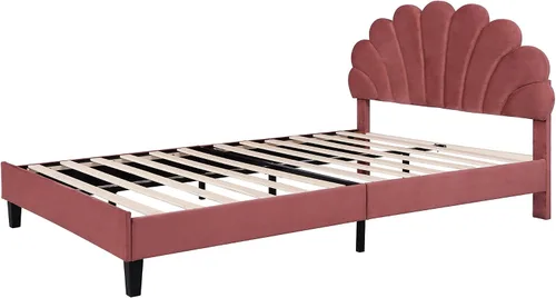Vista 6 de Base de cama tapizada Queen con cabecero, cama moderna de plataforma de terciopelo con patrón de flores, soporte de listones de madera, tamaño rojo