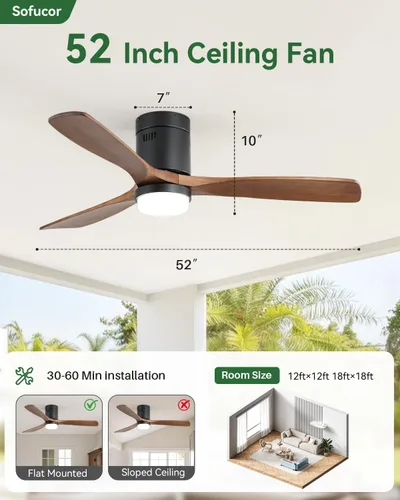 Vista 7 de Sofucor 52 Inch Smart Wood Low Profile Ceiling Fan with Light, Flush Mount