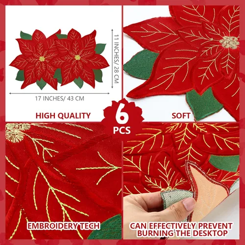 Vista 2 de Yingzhao Juego de 6 manteles individuales de Navidad con poinsettia bordados de doble capa con aplicación de flores rojas de Navidad para decoración
