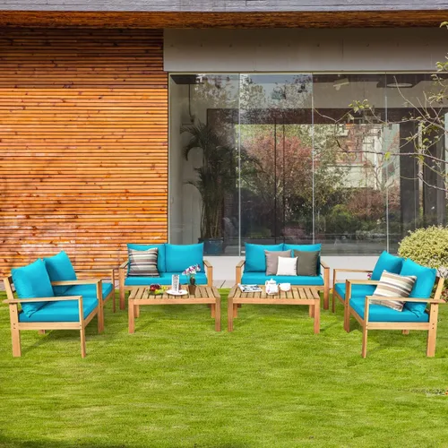 Vista 10 de COSTWAY Juego de 4 sofás de madera de acacia para exteriores, juego de sofá de conversación al aire libre con mesa y cojines, sillas de porche