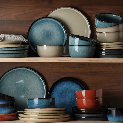 Vista 8 de Stoneware Dinnerware Sets for 8, Reactive Glaze, Beige