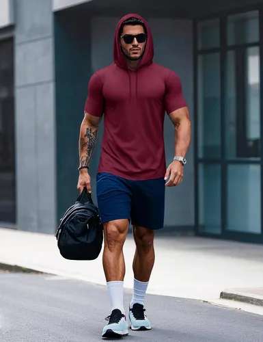 Vista 4 de MAGCOMSEN Sudadera con capucha de algodón de manga corta para hombre, sudadera ligera con capucha