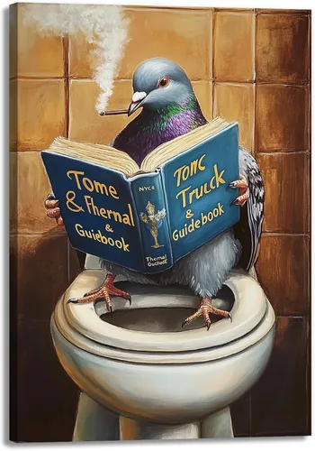 Vista 13 de GLOKAKA Lienzo decorativo para baño, diseño divertido de alpaca sentado en el inodoro, leyendo periódico, arte de pared, humor, granja, animal, arte