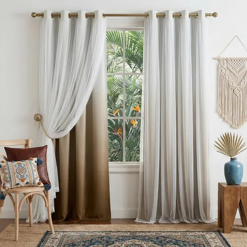 Vista 15 de PONY DANCE Cortinas para Sala de Estar - Cortinas Opacas Gris Degradado con Superposición de Gasa Blanca Térmicamente Aisladas Mezcla y Combina