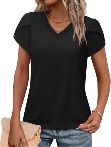 Vista 3 de WIHOLL Camisetas casuales de verano con cuello en V para mujer Negro