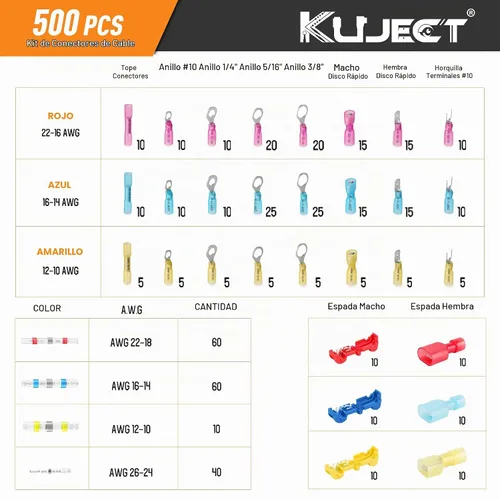 Vista 2 de Kuject Juego de 500 conectores de alambre termocontraíbles multiusos, impermeables, kit surtido de conectores de crimpado eléctrico, anillo aislado