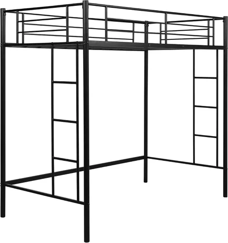 Vista 7 de Cama alta individual para niños, marco de cama alta resistente con 2 escaleras y barandillas de protección, cama alta moderna para dormitorio