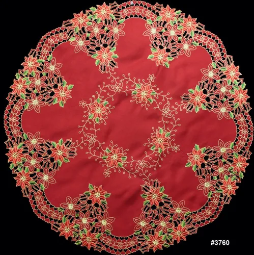 Vista 2 de Creative Linens Mantel de Pascua bordado de Navidad de 34 pulgadas, redondo, color rojo dorado