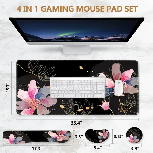 Vista 7 de DINKY Alfombrilla de escritorio con diseño de flor negra, alfombrilla grande para mouse con reposamuñecas, 4 en 1 XXL, reposamuñecas para teclado