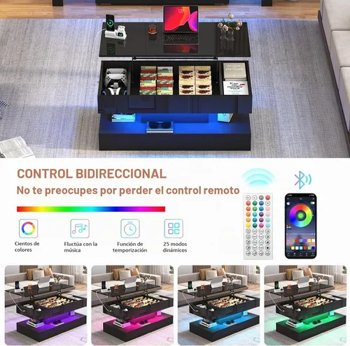 Vista 6 de 39.4" Mesa de café grande con tapa elevable, modernas mesas de café LED de alto brillo para sala de estar con almacenamiento, mesas de salón negras