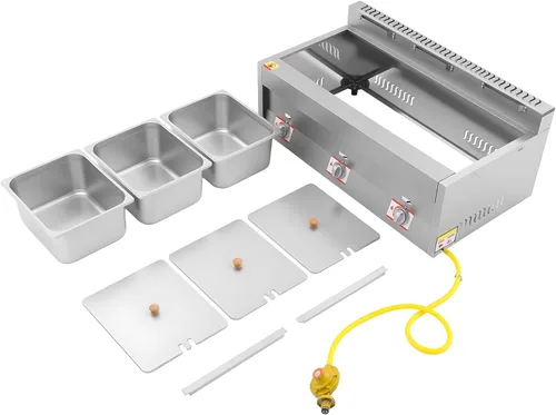 Vista 9 de Calentador de alimentos comercial de 3 bandejas, freidora de gas de 18 L, mesa de vapor de gas para exteriores, calentador de sopa de gas al aire