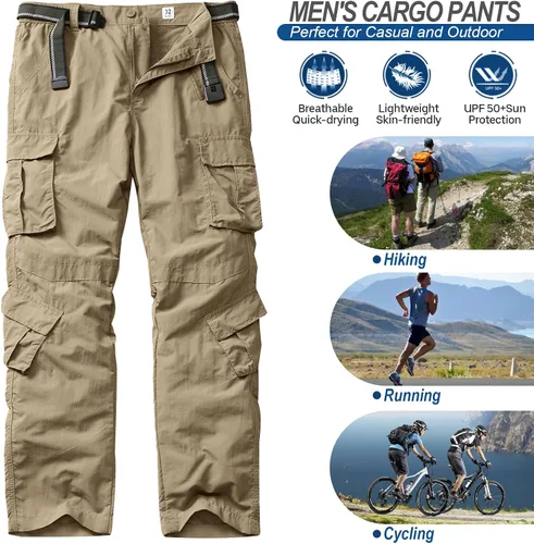 Vista 4 de linlon Pantalones cargo de senderismo ligeros de secado rápido para hombre con 8 bolsillos