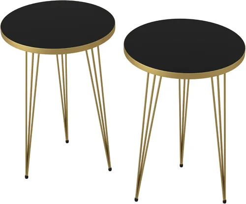 Vista 6 de Juego de 2 mesas auxiliares redondas de madera para sofá para espacios pequeños, mesita de noche con patas de metal para dormitorio, sala de estar