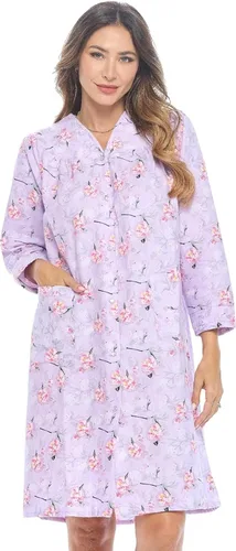 Vista 7 de Casual Nights Vestido largo de franela con botones florales en la parte delantera, manga larga, bata de casa holgada para mujer Floral azul