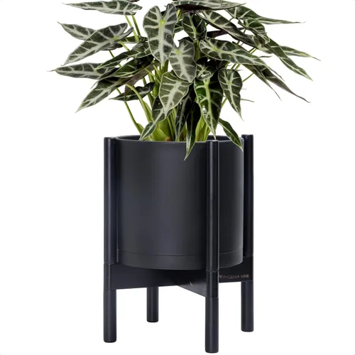 Vista 42 de Maceta de D'vine Dev con soporte - Maceta de flores de cilindro de plástico de 8.0 pulgadas con soporte de madera para interiores, maceta mate negra
