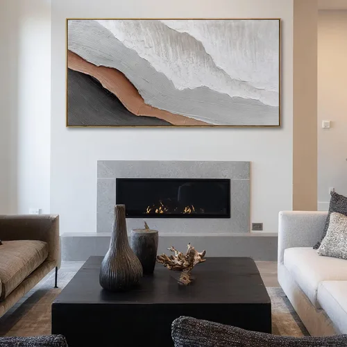 Vista 7 de Arte de pared blanco texturizado, arte abstracto gris, imágenes modernas enmarcadas grandes, pintura al óleo de paisaje ondulado, 24 x 48 pulgadas