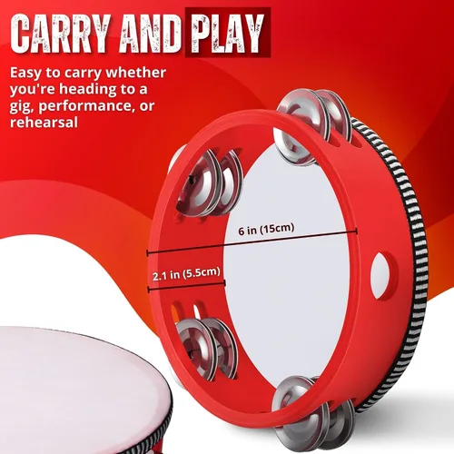 Vista 7 de Flexzion Pandereta de madera de mano para adultos de 6 pulgadas, doble fila de 8 pares de jingles (rojo) - Instrumento musical de pandereta redonda