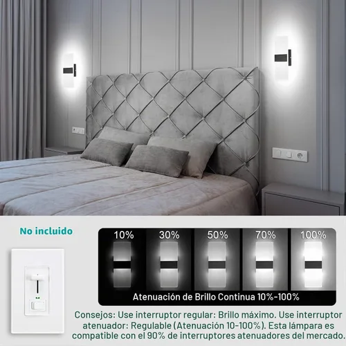 Vista 2 de TRLIFE Apliques de pared regulables, juego de 2 apliques de pared modernos con cableado integrado, luces montadas en la pared de 12W, 6000K, LED
