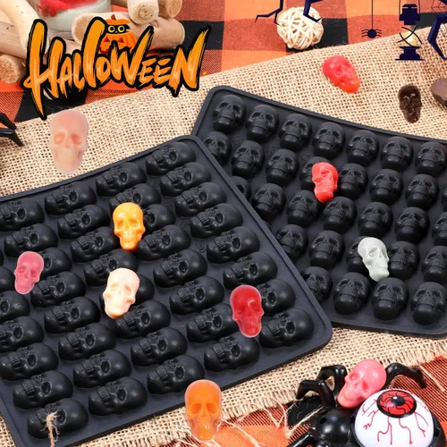 Vista 2 de Molde de silicona de calavera, moldes de silicona para Halloween, moldes para gomitas, paquete de 2 moldes de chocolate de Halloween, mini moldes