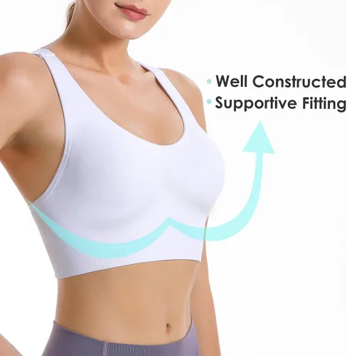 Vista 4 de Evercute - Brasier deportivo con relleno y tirantes delgados cruzados para mujer, sin costuras, brasier de soporte medio para alto impacto, ideal