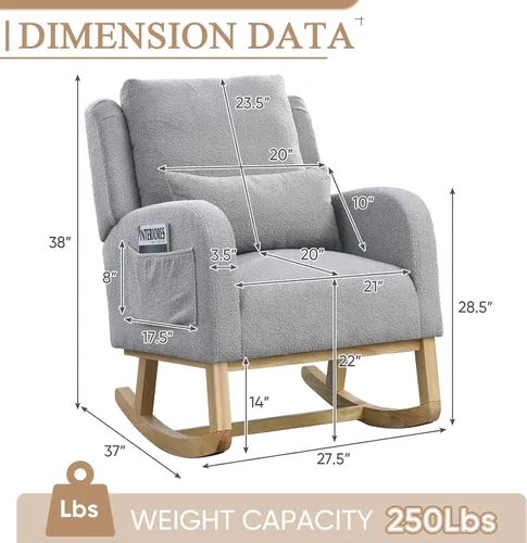 Vista 2 de JEEOHEY Mecedora para guardería, mecedora tapizada con respaldo alado, mecedora con respaldo alto cómodo, reposabrazos curvado, almohada lumbar