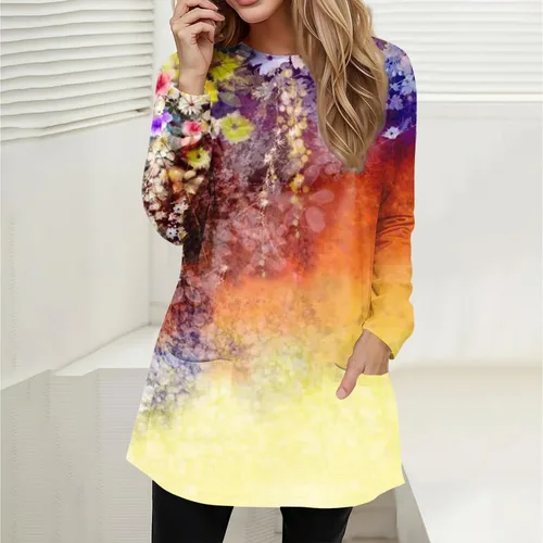 Vista 4 de RMXEi Camisetas elegantes de cuello redondo para mujer, manga larga, para otoño 2023, blusas con bolsillo