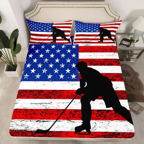 Vista 2 de Erosebridal American Flag Fitted Sheet Twin, Hockey Bedding Set United States Sports Games Bed Sheets for Kids Boys Teens Bedroom, Red White