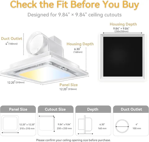 Vista 3 de Extractor de baño con ventilador de ventilación LED de 145 CFM