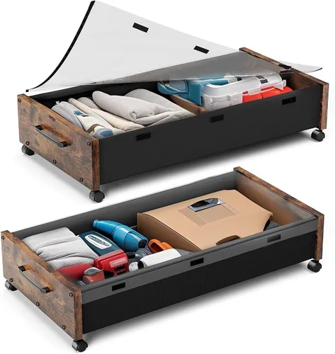 Vista 14 de Almacenamiento debajo de la cama con ruedas, 2 paquetes de contenedores de almacenamiento de madera extra grandes debajo de la cama, organizador