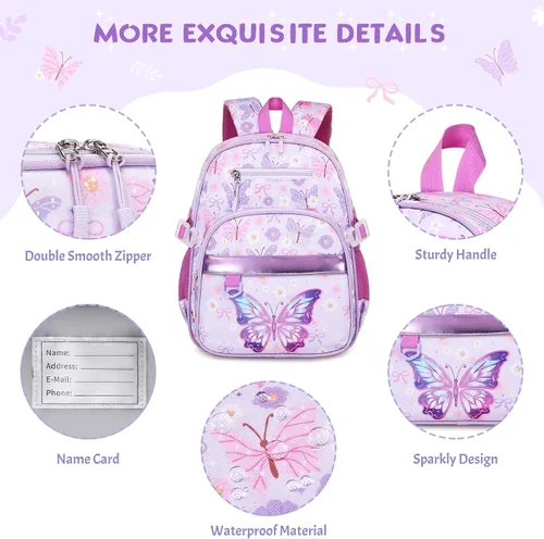 Vista 5 de Mochila para niños de 5 a 8 años, Mariposa, 15 pulgadas, Lindo