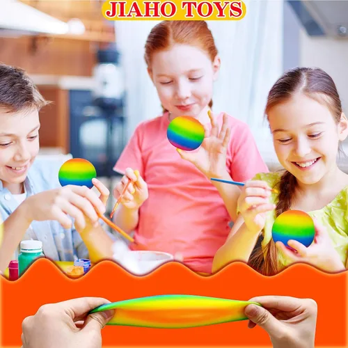 Vista 5 de JIAHO Paquete de 3 bolas antiestrés arcoíris para niños y adultos, juguetes estrujables de bolas esponjosas de 2.4 pulgadas, bolas de estrés