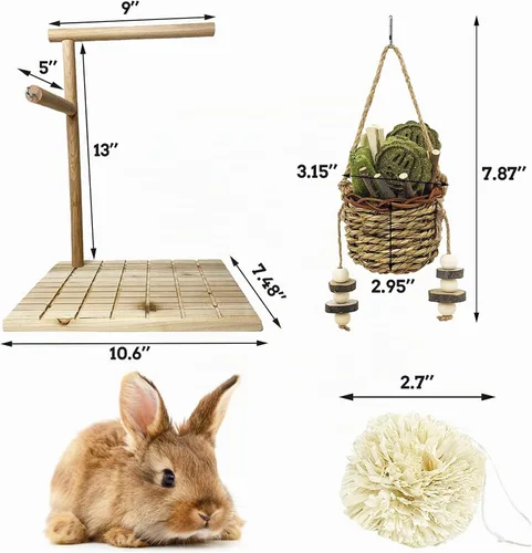Vista 2 de kathson Juguetes masticables para conejos para moler dientes, tablero de rascado de madera para conejos con almohadillas para las patas, plataforma