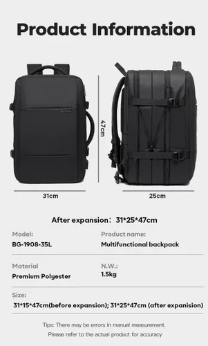 Vista 4 de BANGE Mochilas de viaje de 35L, mochila de mano expandible para aviones, mochila impermeable para laptop de 17.3 pulgadas para hombres y mujeres