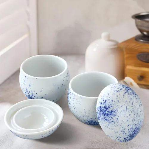Vista 3 de Cinf Juego de 2 ollas japonesas de 6 onzas con tapa para cocina de vapor, cuencos de cerámica para sopa, tazones para crema de huevo y verduras