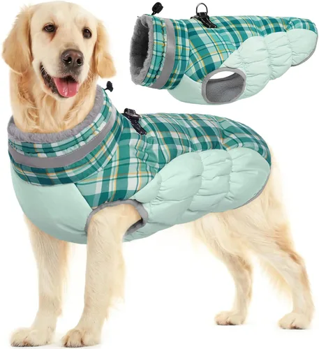 Vista 58 de Abrigo para perro, chaqueta cálida de invierno, acolchada, de vellón, chaleco reflectante con arnés, chaqueta de nieve impermeable con cremallera, a