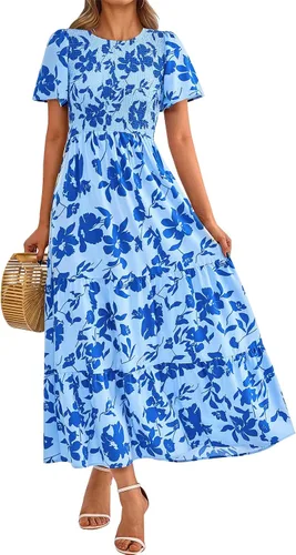 Vista 24 de PRETTYGARDEN - Vestido largo casual de verano para mujer, manga corta acampanada, bohemio, floral, cuello redondo, vestido blusón, escalonado