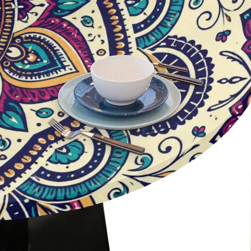 Vista 5 de Pardick Mantel Redondo Ajustable de Mandala Bohemia, Cubierta de Tela Redonda, Mantel Impermeable Antiarrugas con Borde Elástico, Decorativo