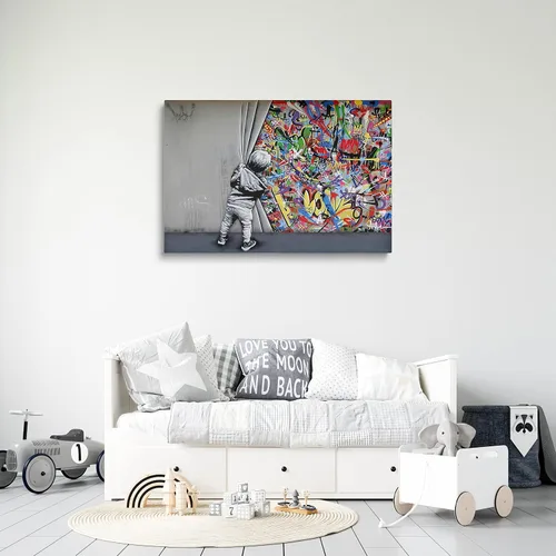 Vista 5 de MGSBCXN Arte de Pared en Lienzo Colorido Graffiti Banksy Póster Impresiones Un Niño Detrás de la Cortina Imagen Obra de Arte Abstracto Arte