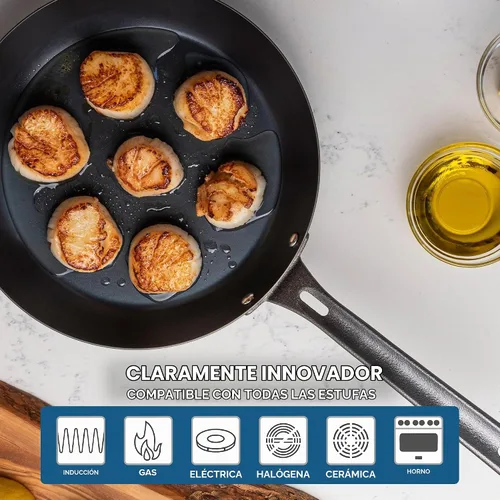 Vista 5 de Viking Sartén antiadherente, utensilios de cocina de acero al carbono azul de 10 pulgadas, negro